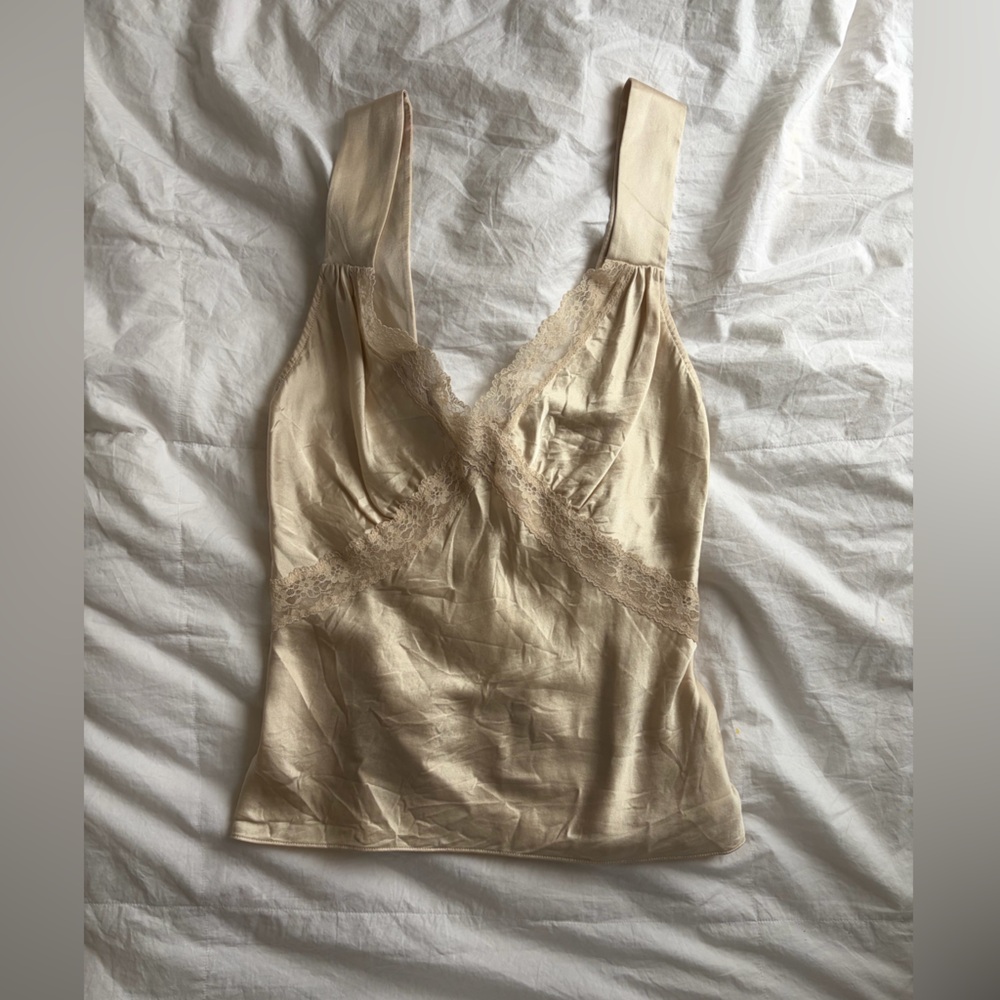 Reformation Cream Lace Trim Satin Going Out Top